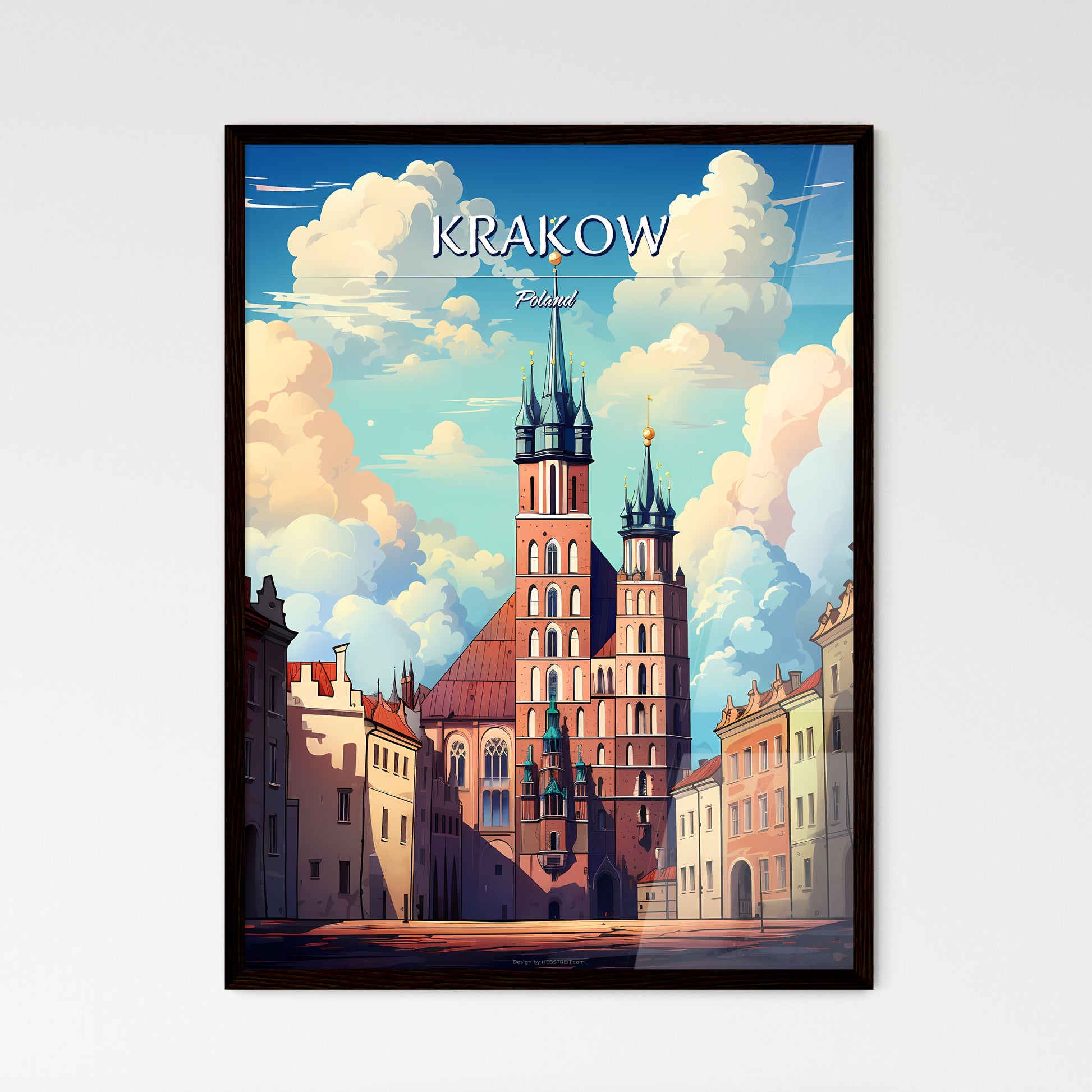 Krakow, Poland - Art print of a building with towers and a street in the background Framed Art