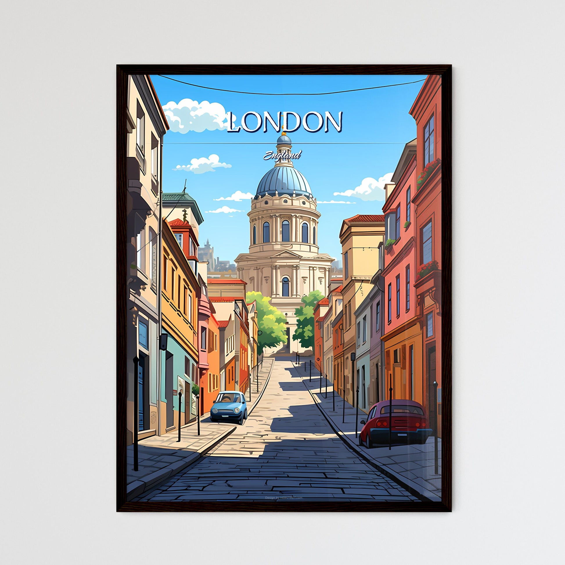London, England - Art print of a street with cars and a building in the background Framed Art