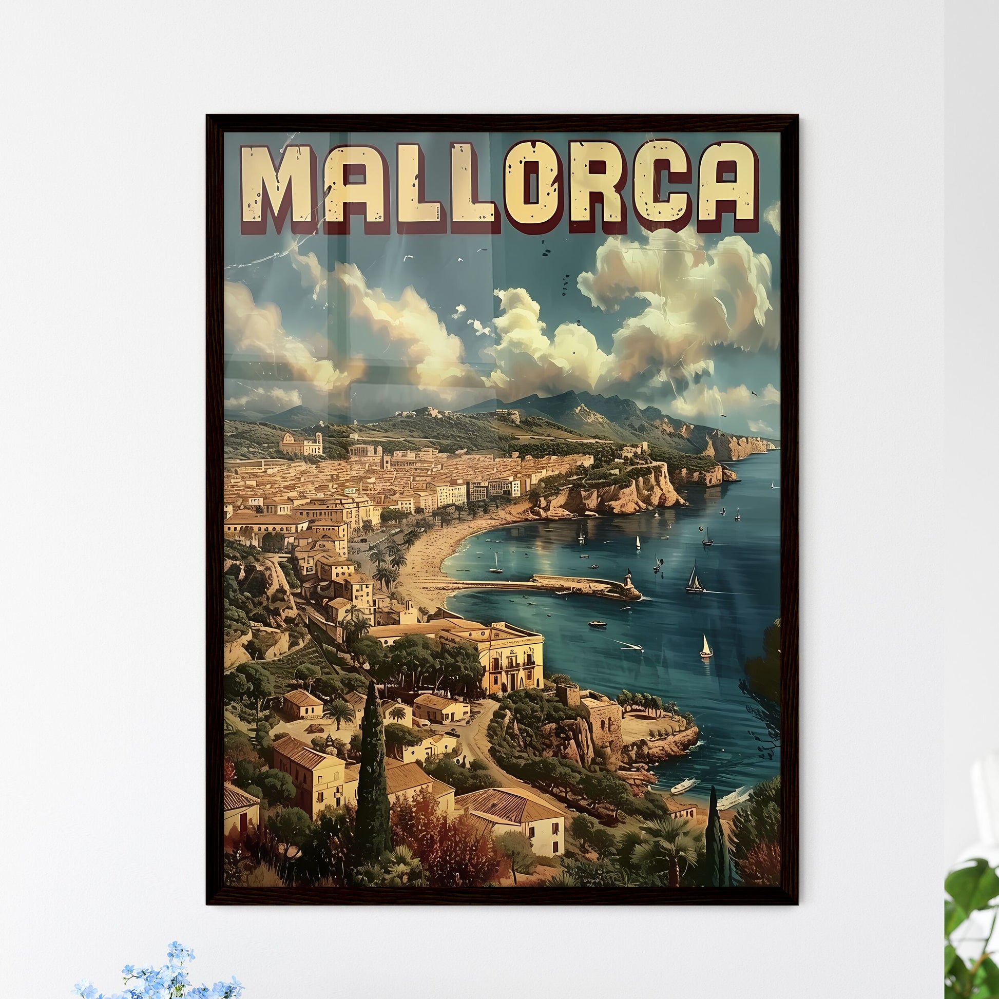 Mallorca spain poster with text MALLORCA in a beautiful matching font - Art print of a poster of a town on a rocky beach Framed Art