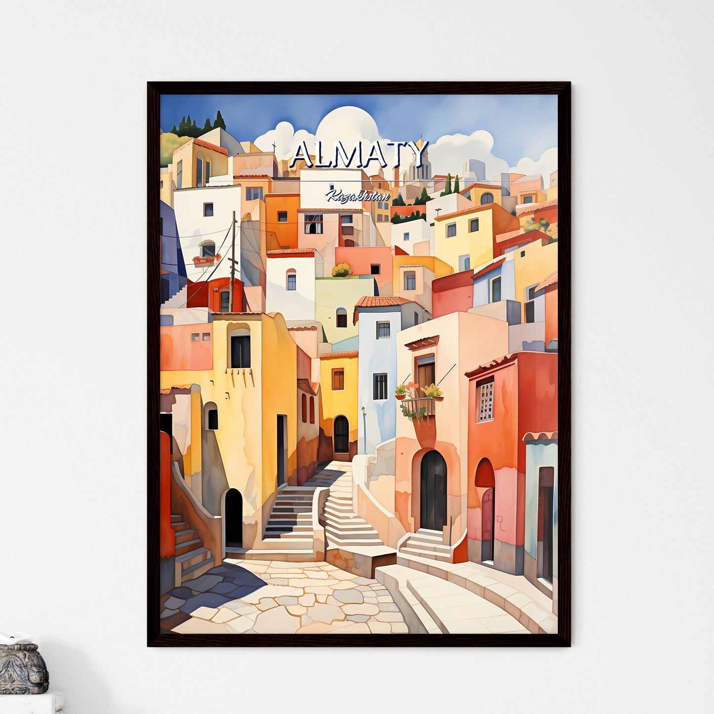 Almaty, Kazakhstan - Art print of a painting of a colorful city Framed Art