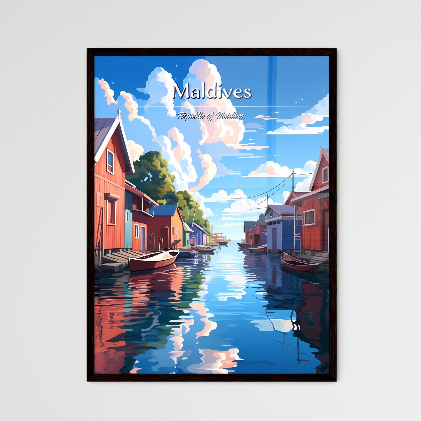 Maldives, Republic of Maldives - Art print of a water way with boats and houses Framed Art