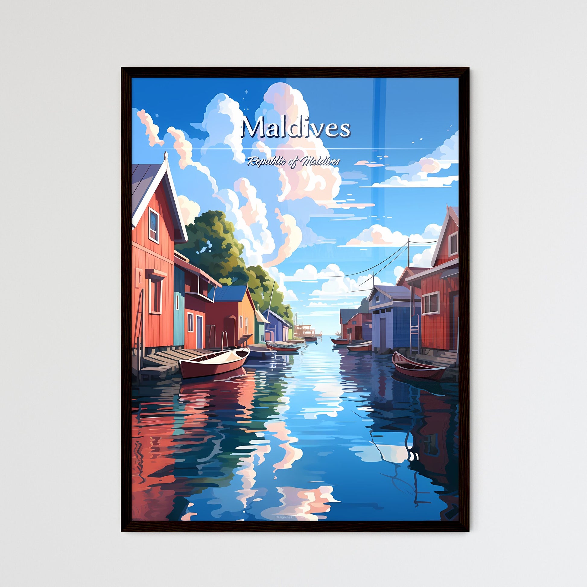 Maldives, Republic of Maldives - Art print of a water way with boats and houses Framed Art