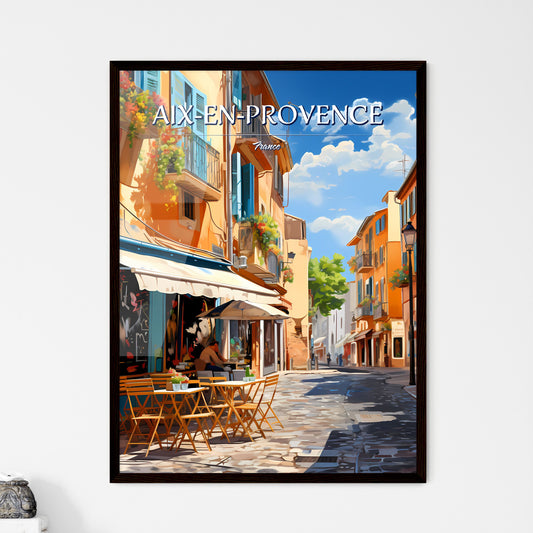 Aix-en-Provence, France - Art print of a street with tables and chairs and a couple of buildings Framed Art