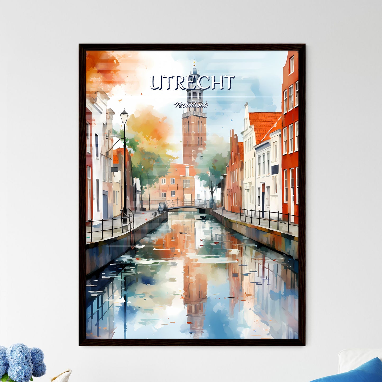 Utrecht, Netherlands - Art print of a water canal with a tower in the background Framed Art