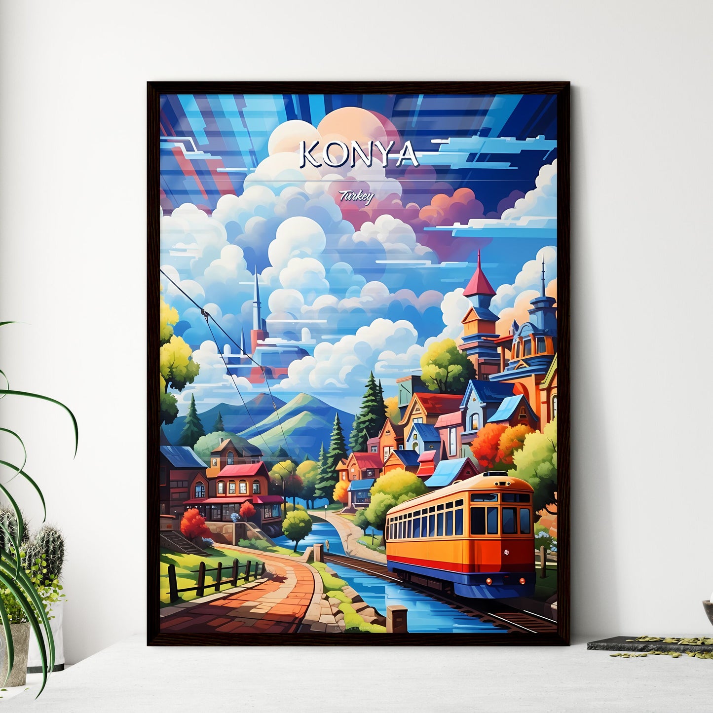 Konya, Turkey - Art print of a painting of a train going through a town Framed Art