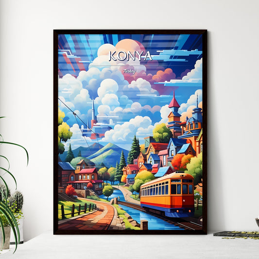 Konya, Turkey - Art print of a painting of a train going through a town Framed Art
