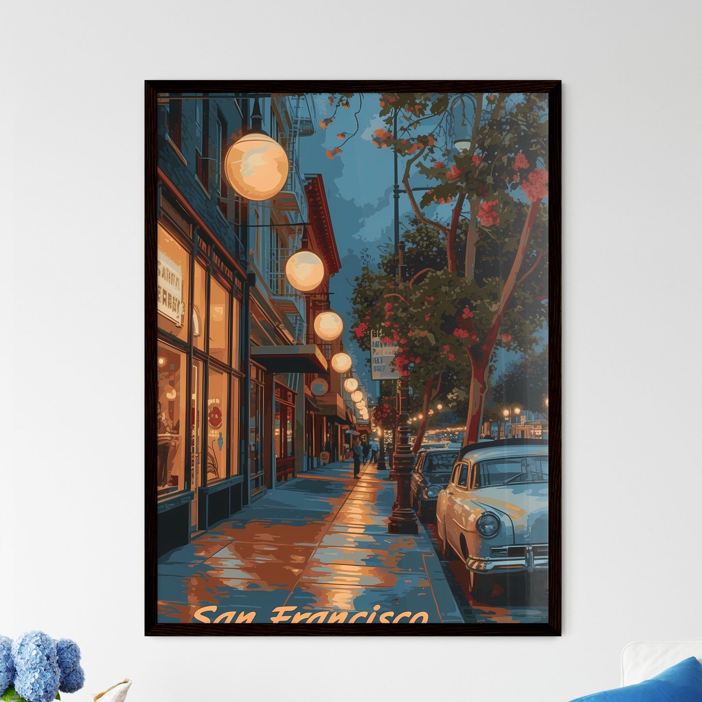 Poster of San Francisco - Art print of a street with cars and trees on the side Framed Art