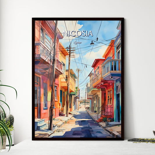 Nicosia, Cyprus - Art print of a watercolor of a street with colorful buildings Framed Art