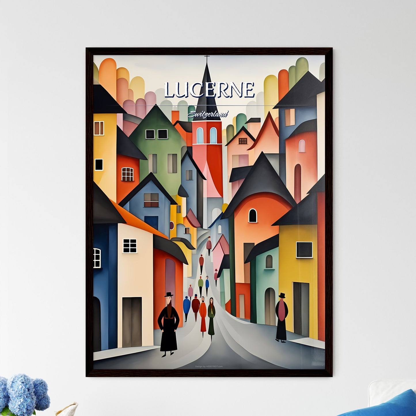 Lucerne, Switzerland - Art print of a painting of a street with people walking down it Framed Art