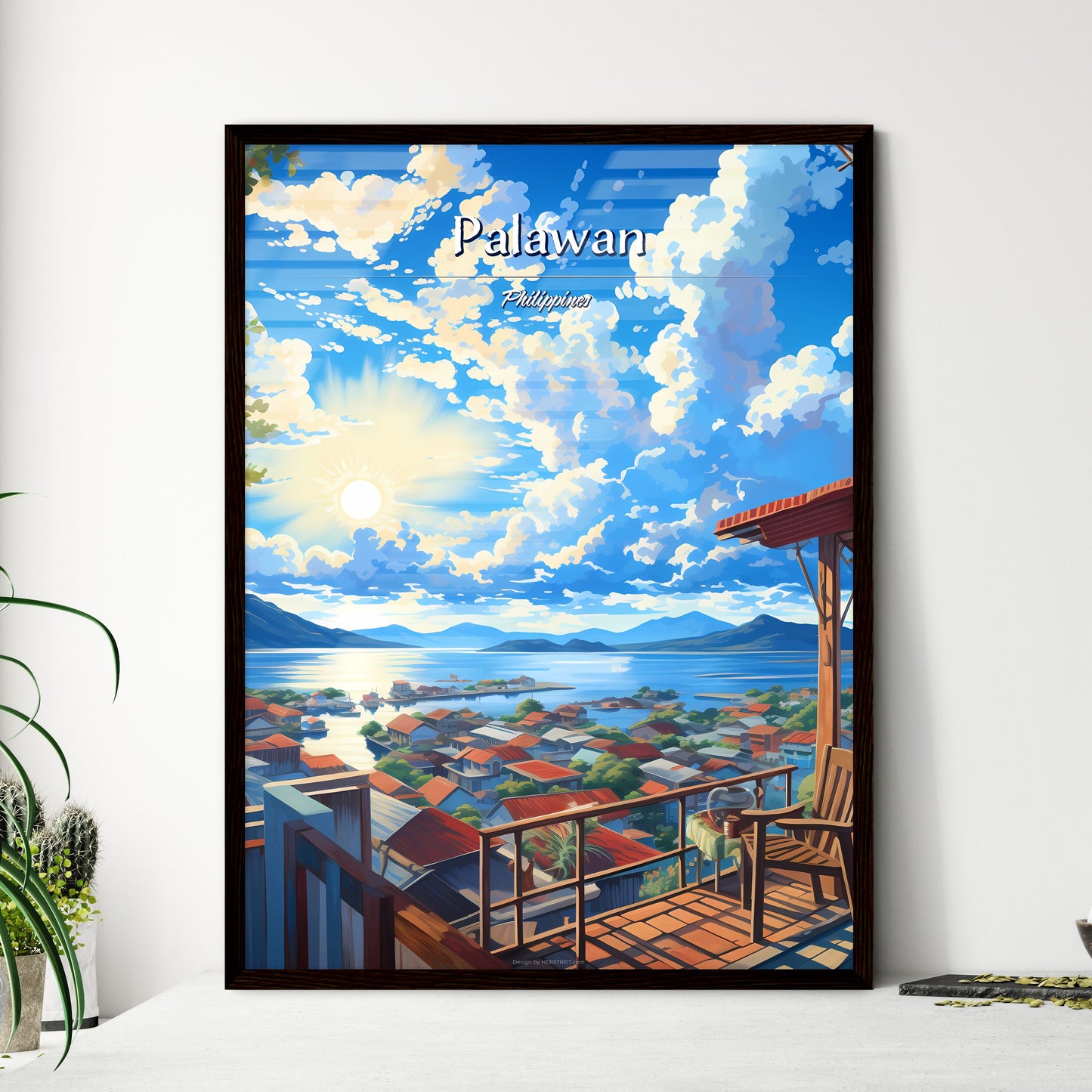 On the roofs of Palawan, Philippines - Art print of a view of a town from a balcony overlooking a body of water Framed Art