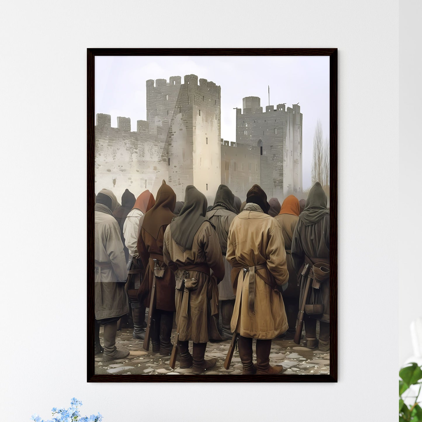 The story of the children of Israel entering the heavenly city - Art print of a group of people in coats standing in front of a castle Framed Art