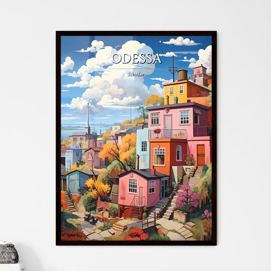 Odessa, Ukraine - Art print of a colorful houses on a hill Framed Art
