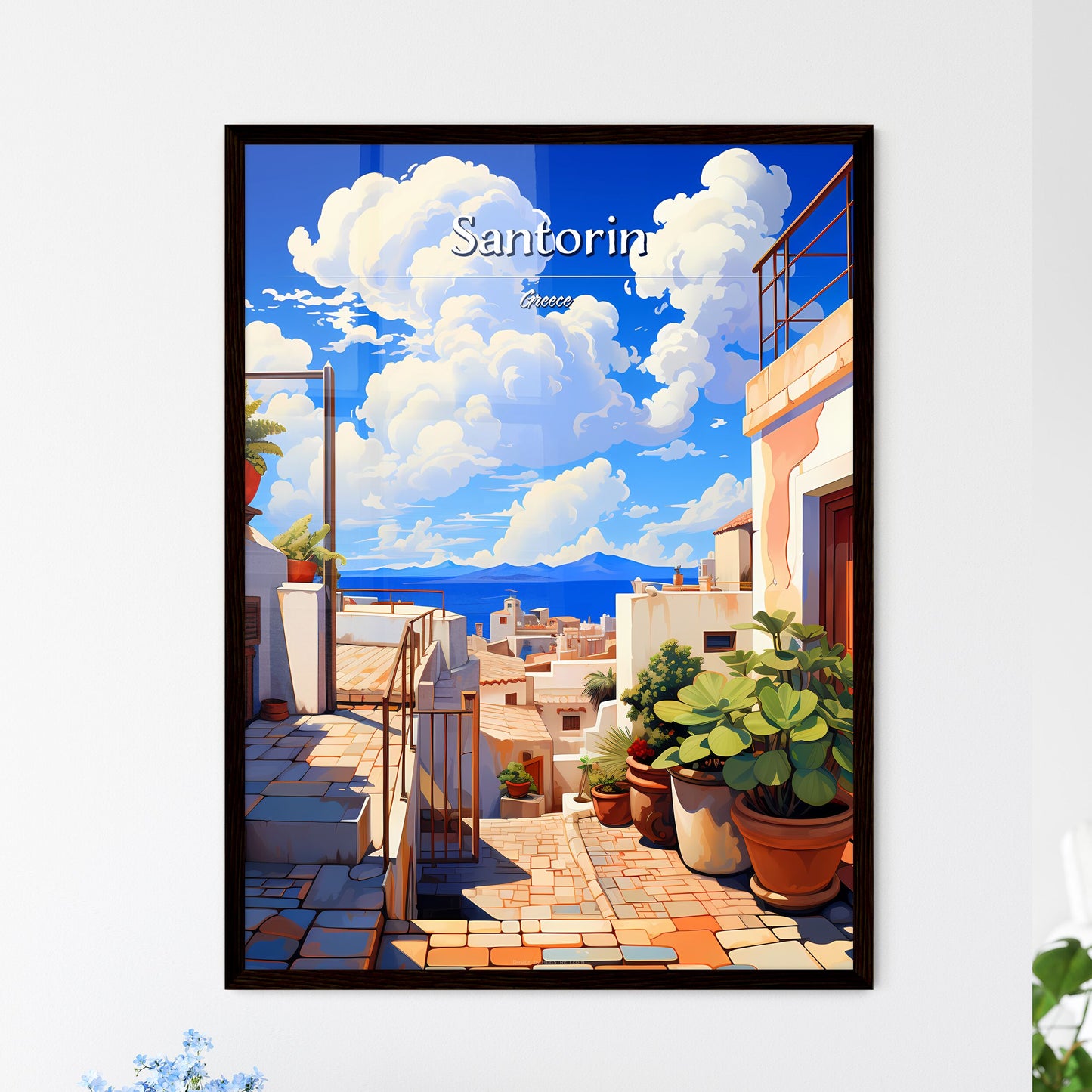 On the roofs of Santorin, Greece - Art print of a street with plants and buildings on the side Framed Art