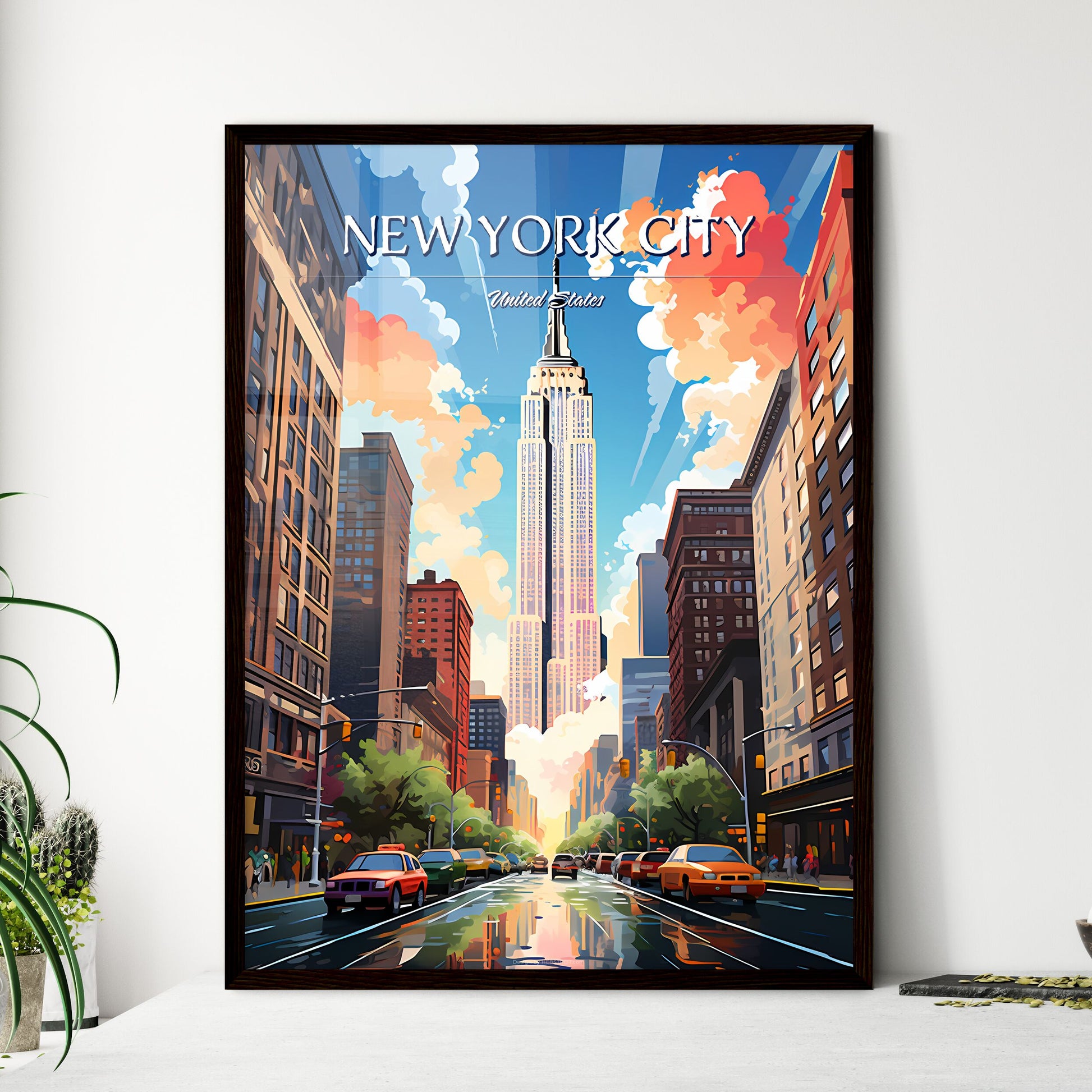 New York City - Art print of a city street with cars and a tall building Framed Art