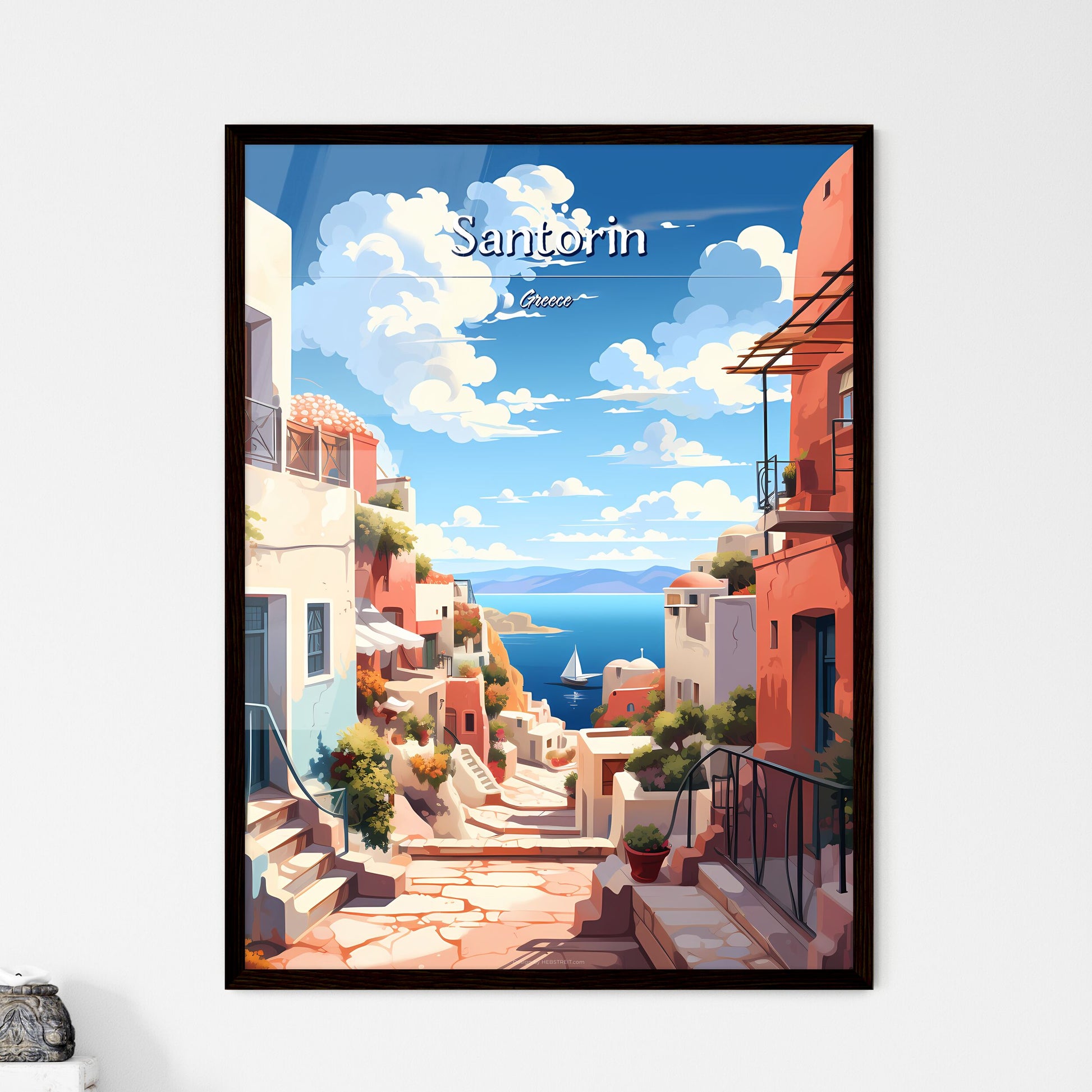 Santorin, Greece - Art print of a painting of a street with buildings and a body of water Framed Art