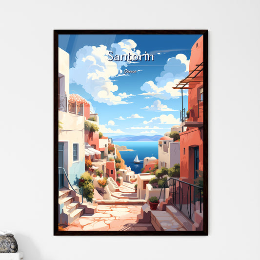 Santorin, Greece - Art print of a painting of a street with buildings and a body of water Framed Art