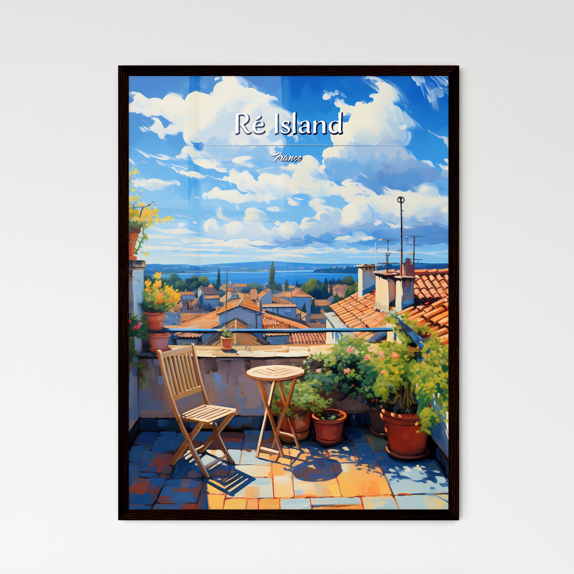 On the roofs of Ré Island, France - Art print of a rooftop with chairs and potted plants Framed Art