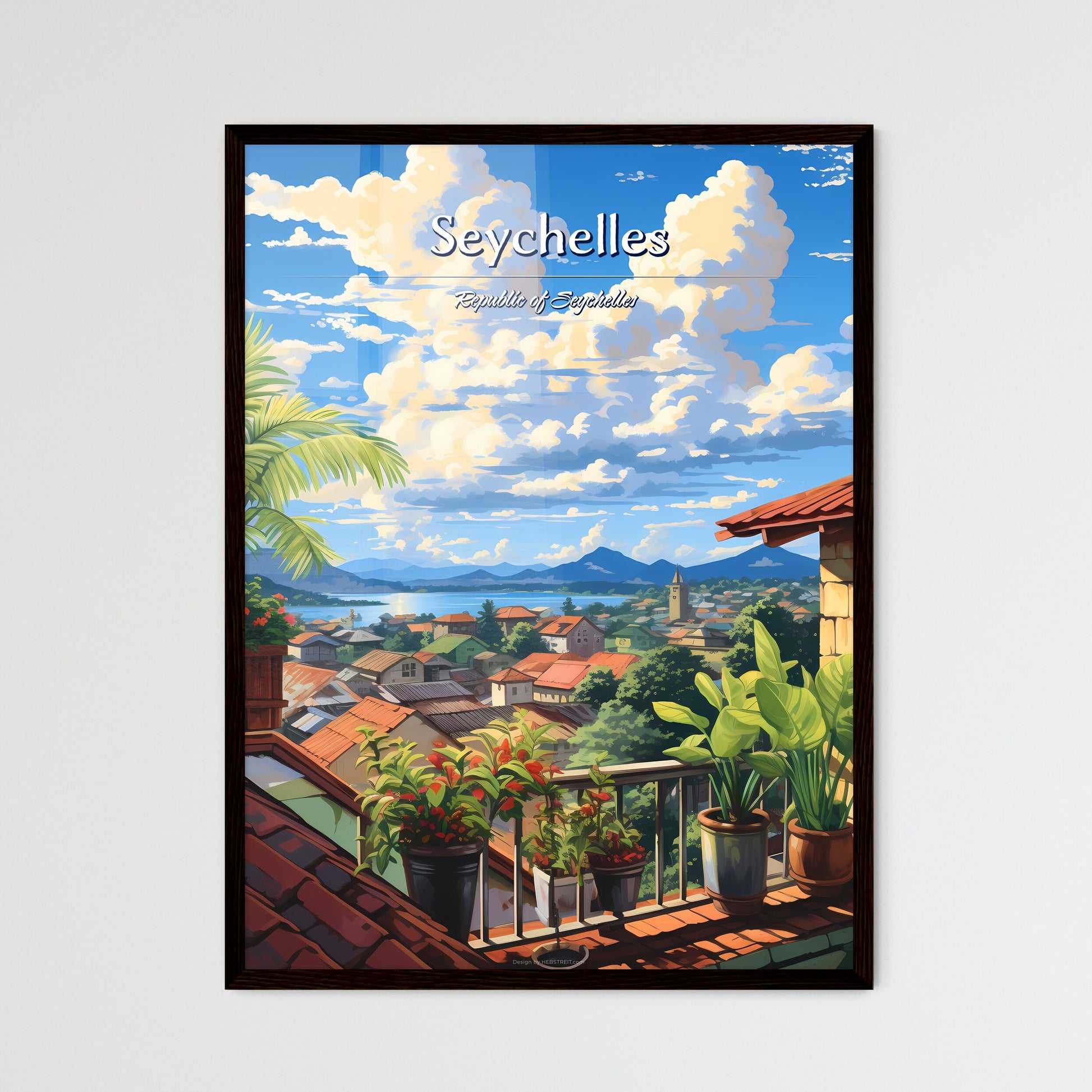 On the roofs of Seychelles, Republic of Seychelles - Art print of a view of a town from a balcony Framed Art