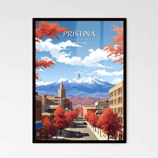 Priština, Kosovo - Art print of a city street with trees and mountains in the background Framed Art