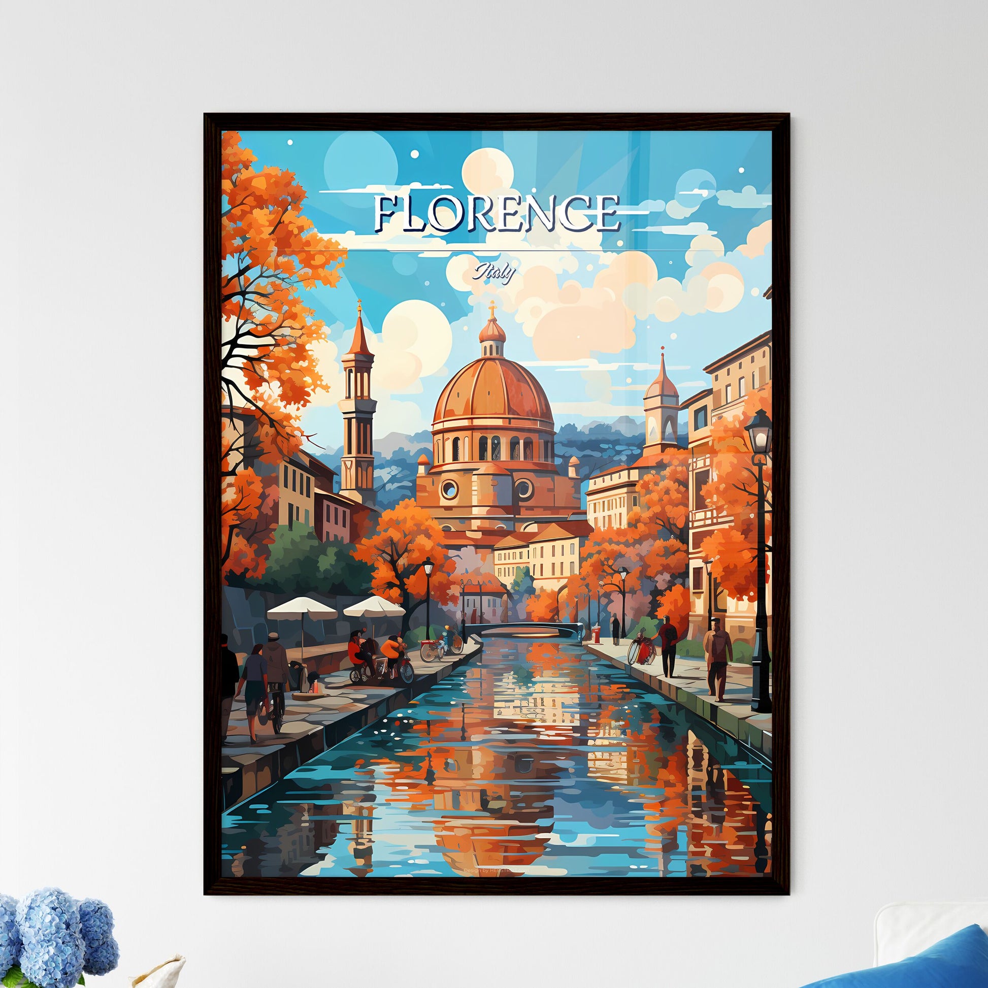 Florence, Italy - Art print of a water canal with a building in the background Framed Art
