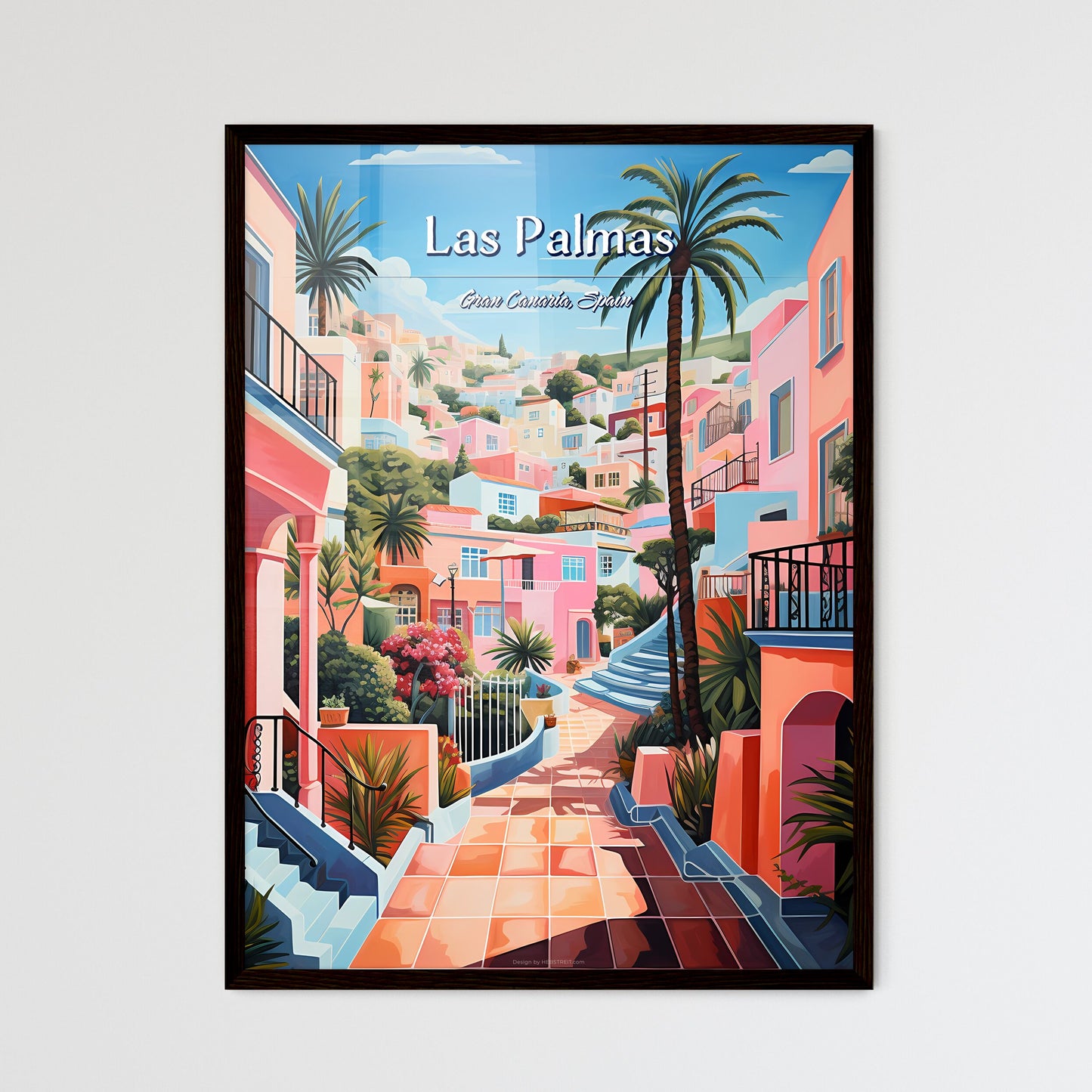 Las Palmas de Gran Canaria, Spain - Art print of a painting of a colorful town Framed Art