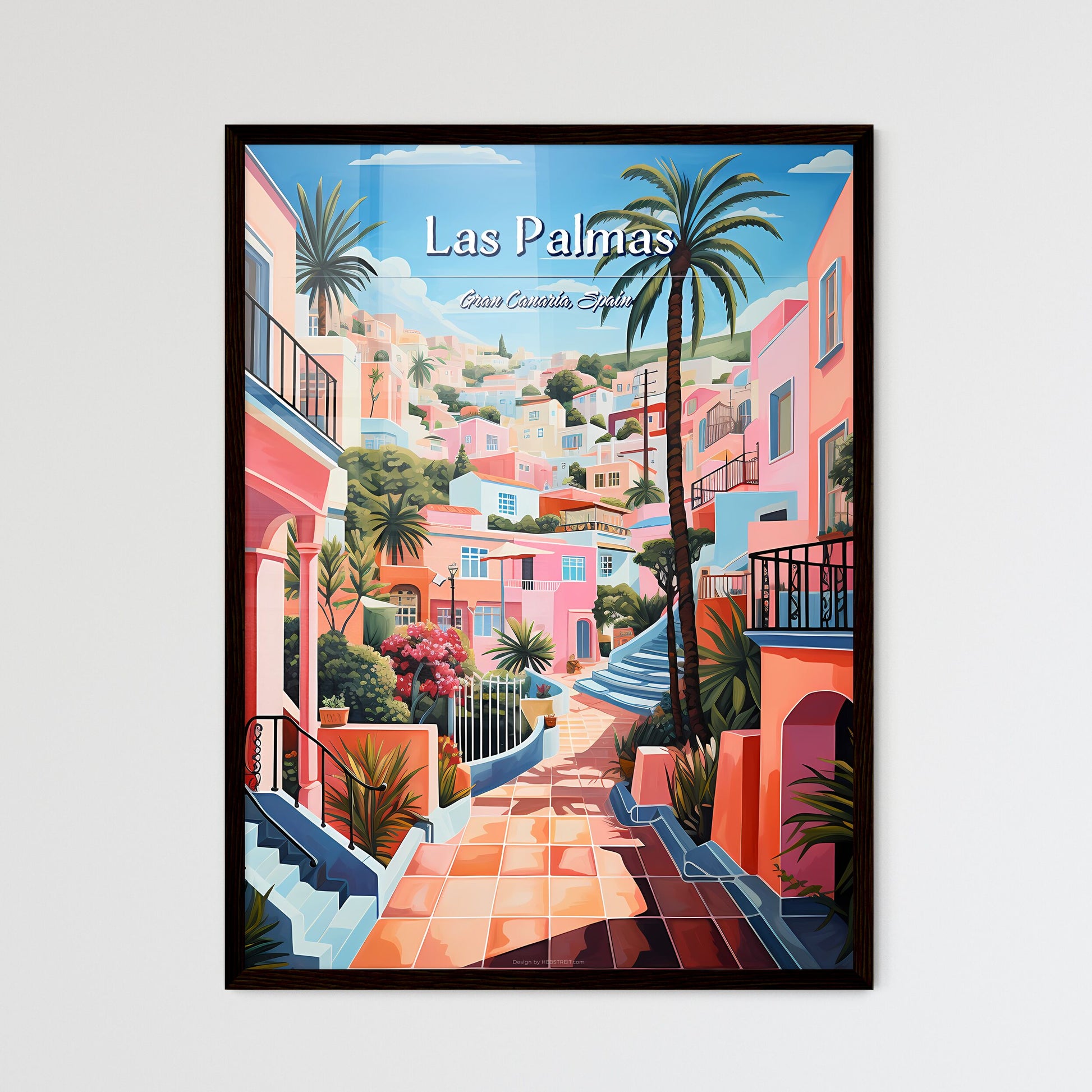 Las Palmas de Gran Canaria, Spain - Art print of a painting of a colorful town Framed Art