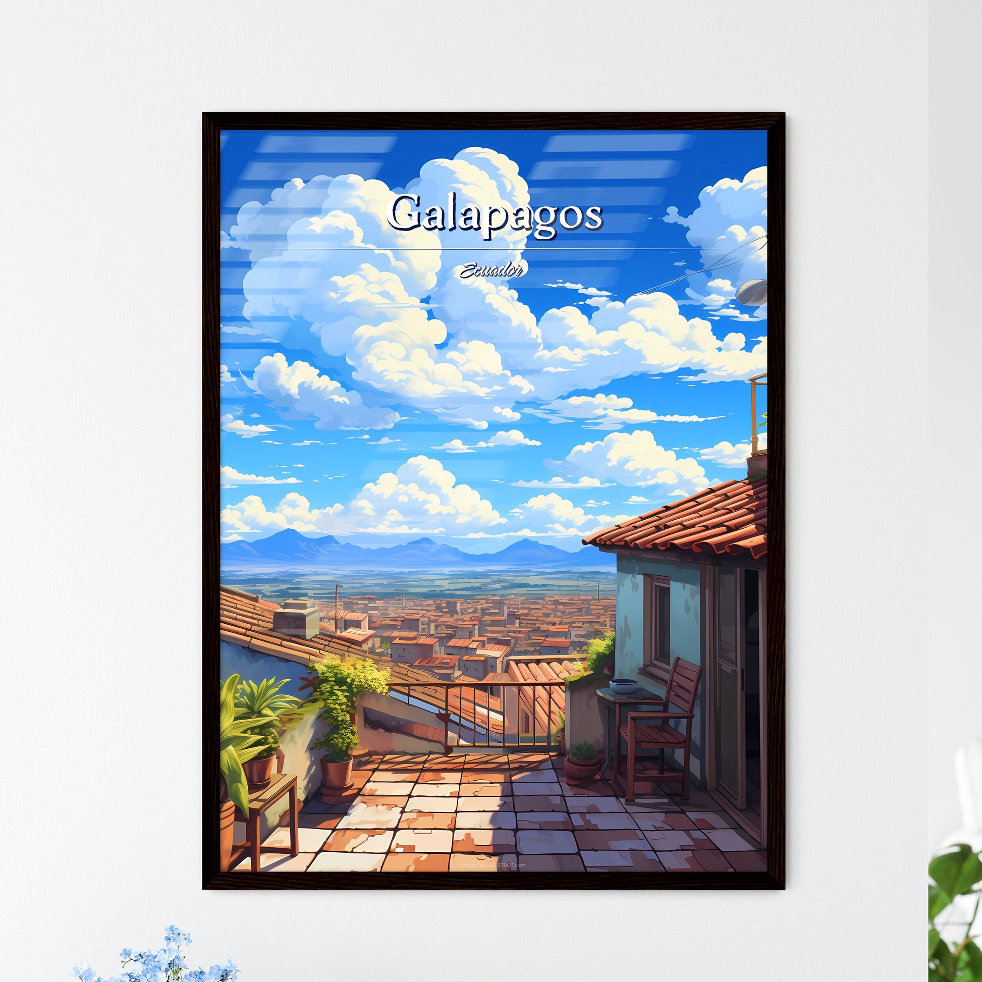 On the roofs of Galapagos, Ecuador - Art print of a rooftop of a house with a view of a city Framed Art