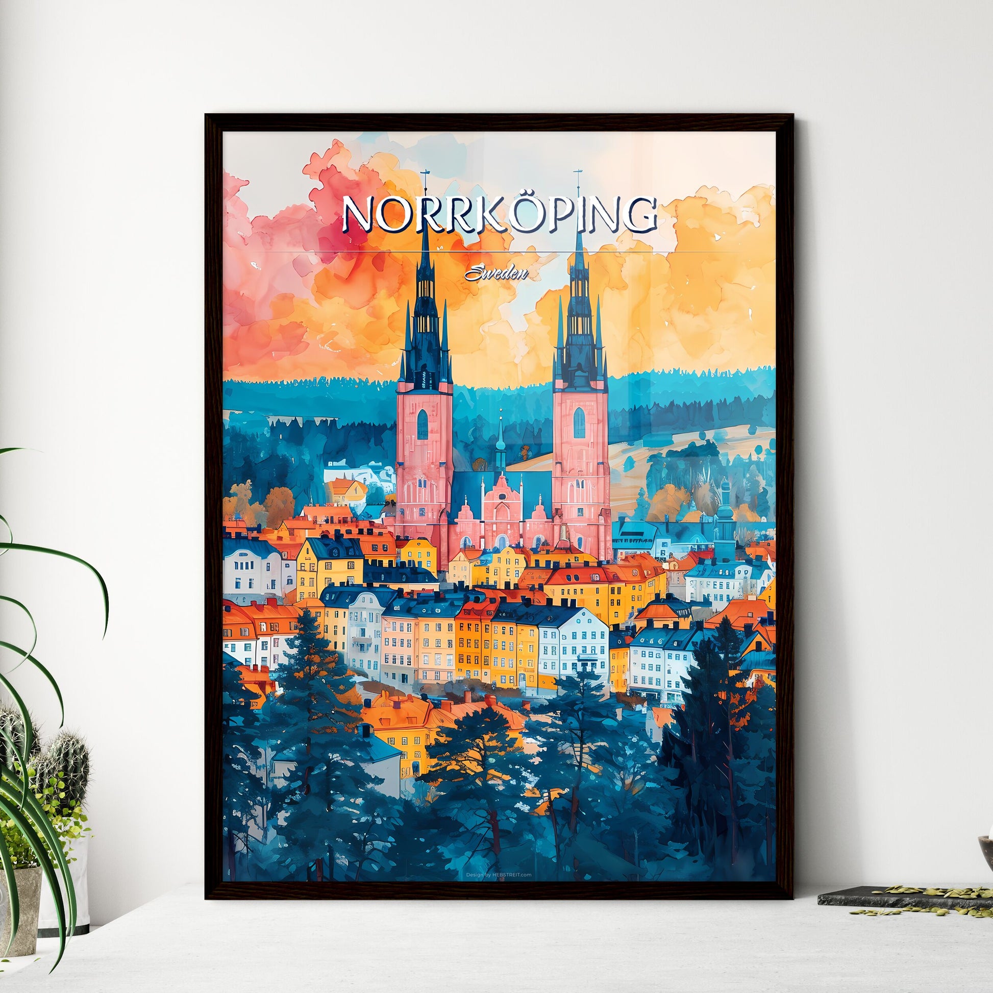 Norrköping, Sweden, - Art print of a watercolor painting of a city with a large church Framed Art