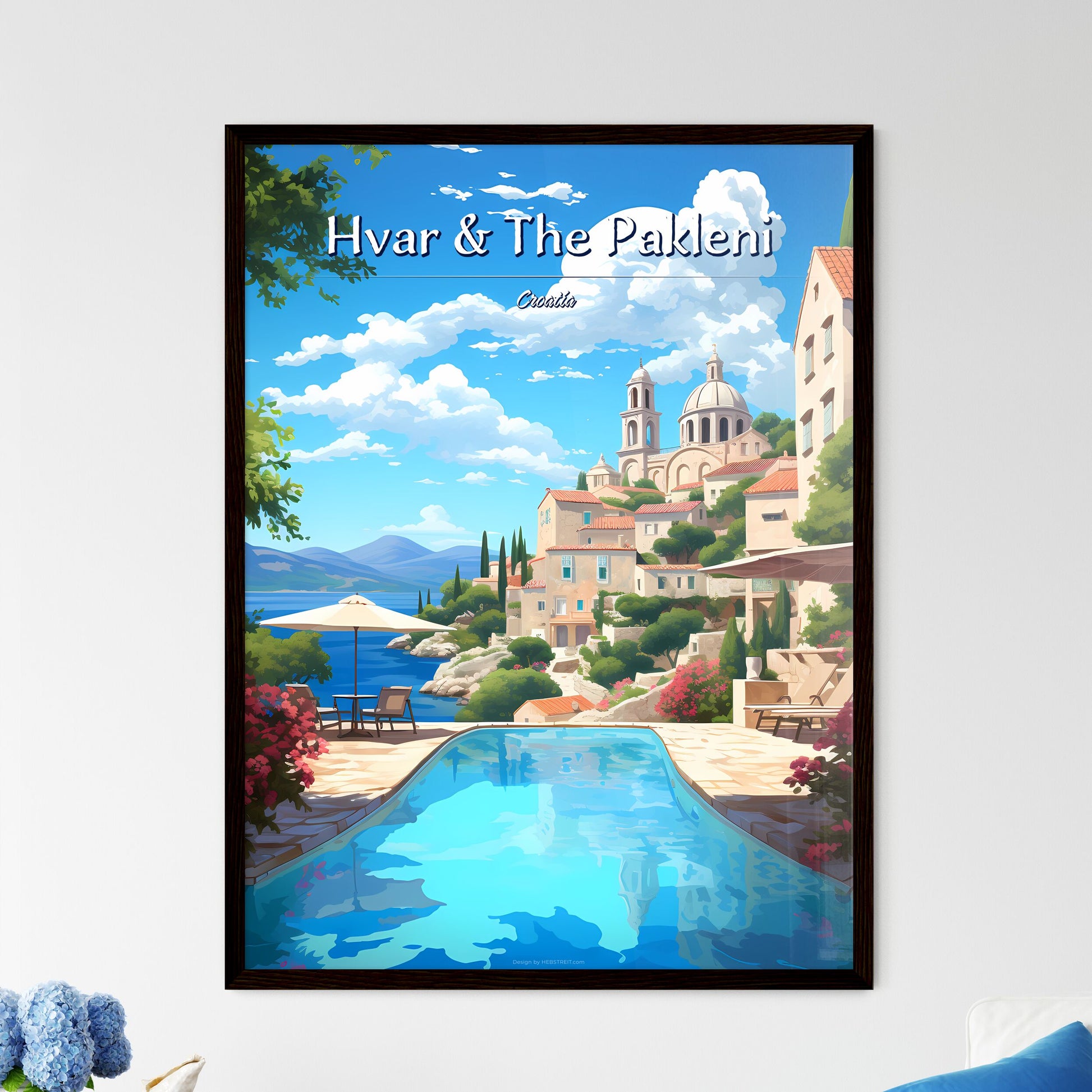 Hvar & The Pakleni Islands, Croatia - Art print of a pool with a building and a church in the background Framed Art