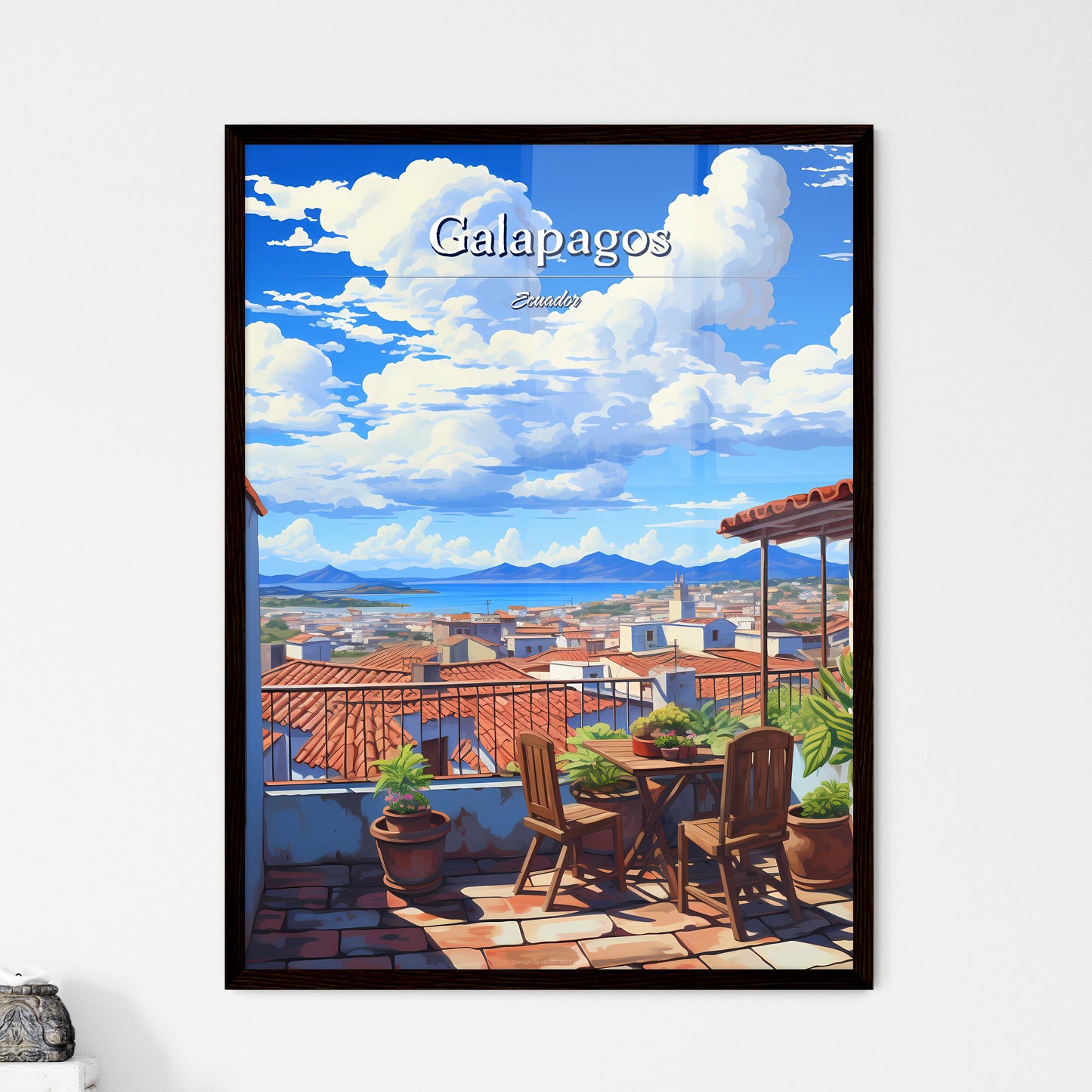 On the roofs of Galapagos, Ecuador - Art print of a balcony with a table and chairs and a view of a city Framed Art