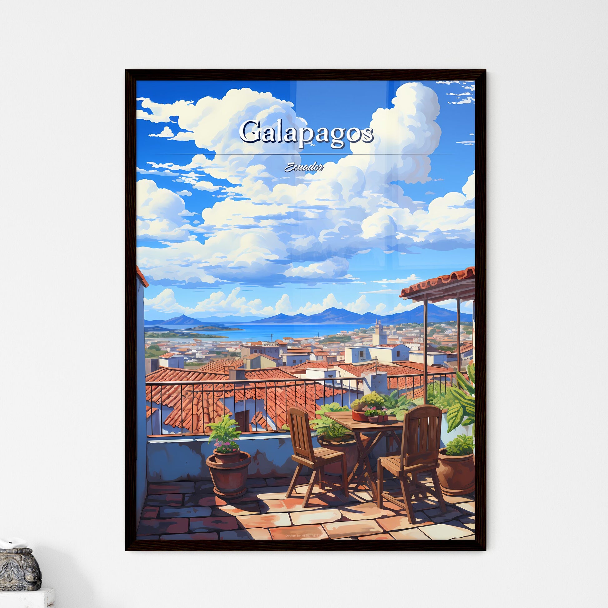 On the roofs of Galapagos, Ecuador - Art print of a balcony with a table and chairs and a view of a city Framed Art