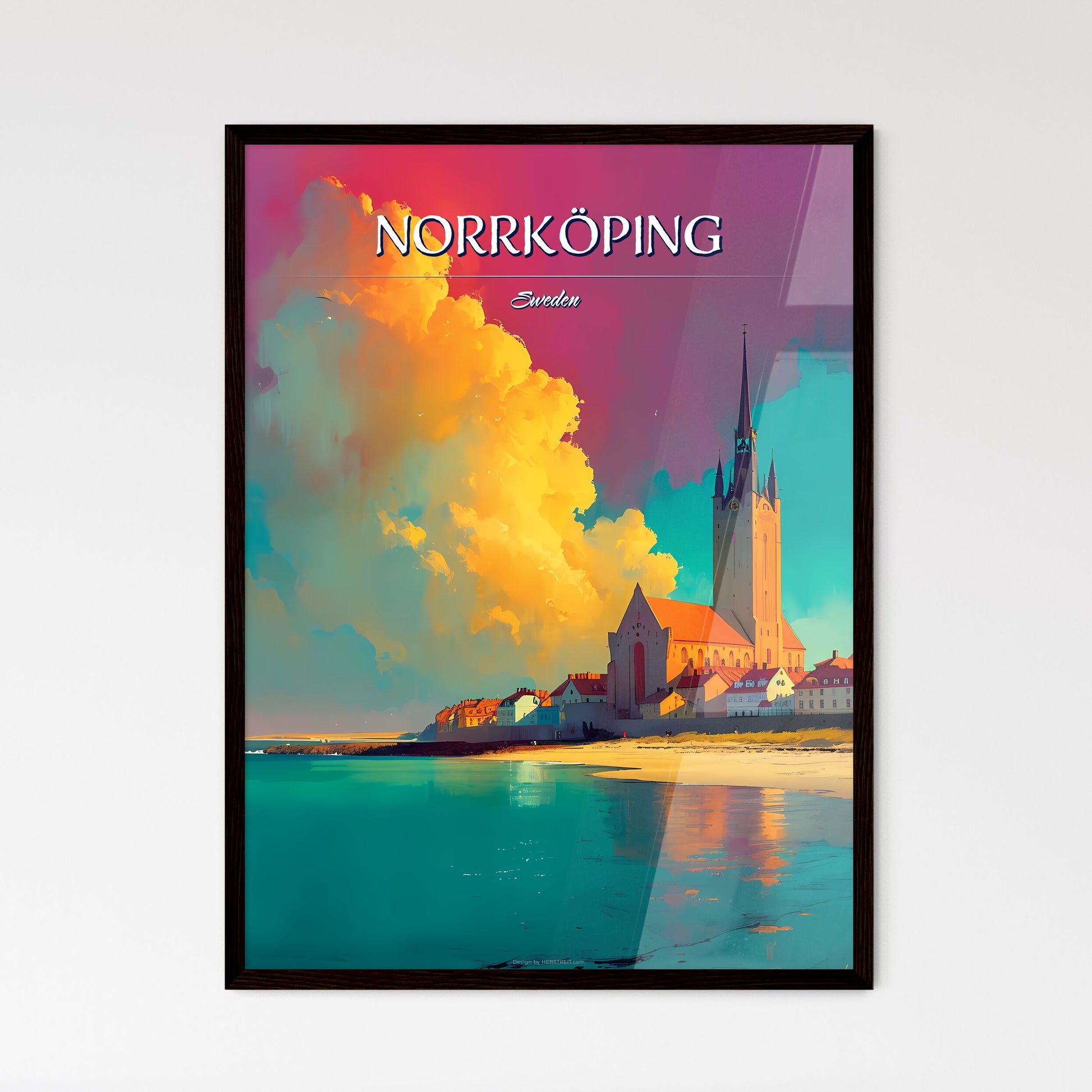 Norrköping, Sweden, - Art print of a building with a tower and a body of water Framed Art