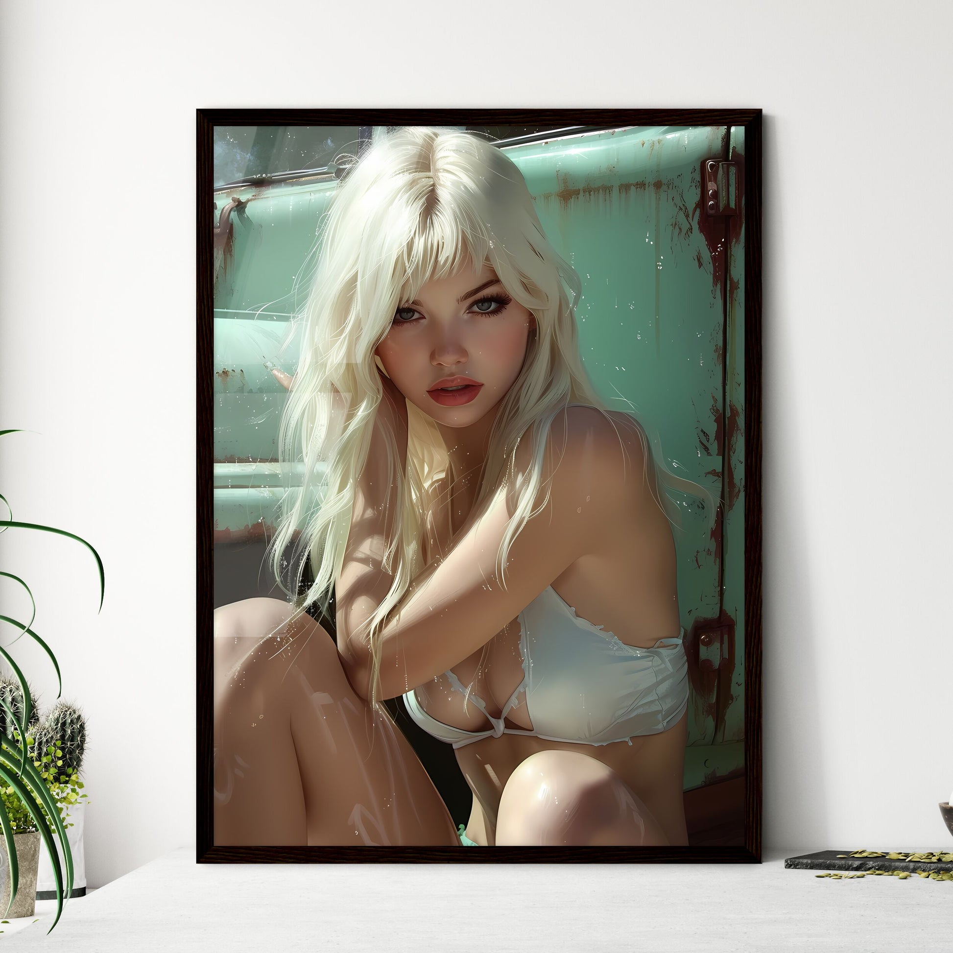 Sitting pin up factory worker girl - Framed Art Print