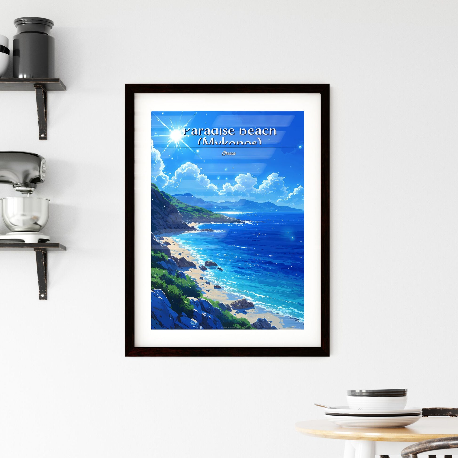 Paradise Beach (Mykonos), Greece - Art print of a beach with rocks and a body of water Default Title