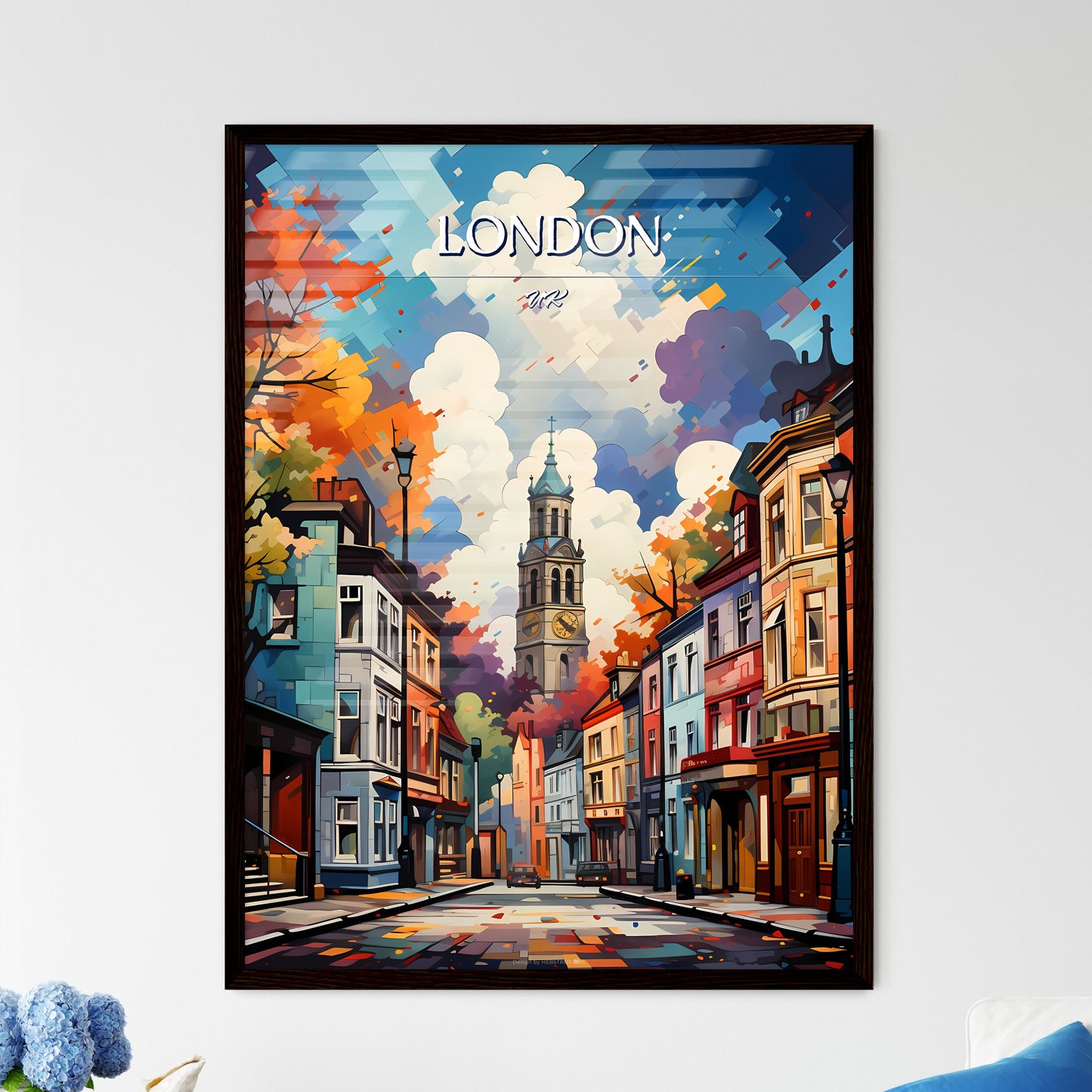 London, UK - Art print of a street with a clock tower in the background Framed Art