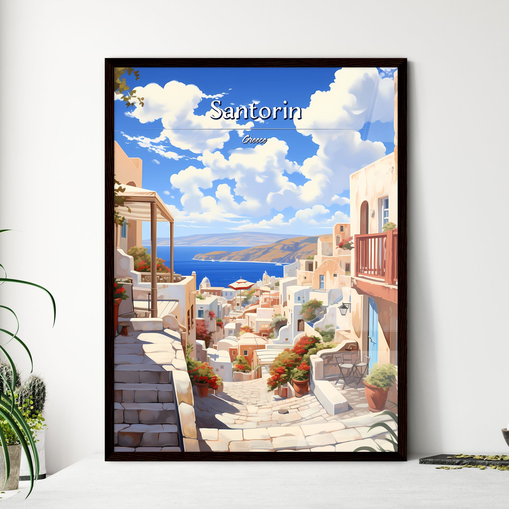 Santorin, Greece - Art print of a street with buildings and a body of water Framed Art