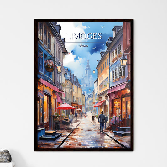 Limoges, France - Art print of a street with people walking down it Framed Art