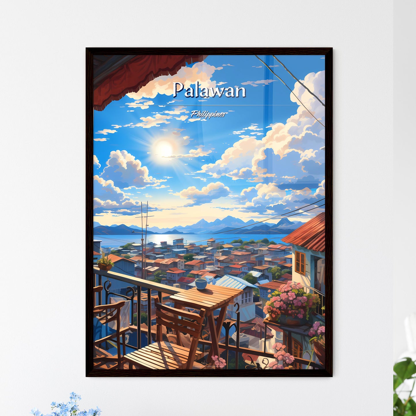 On the roofs of Palawan, Philippines - Art print of a view of a city from a balcony Framed Art