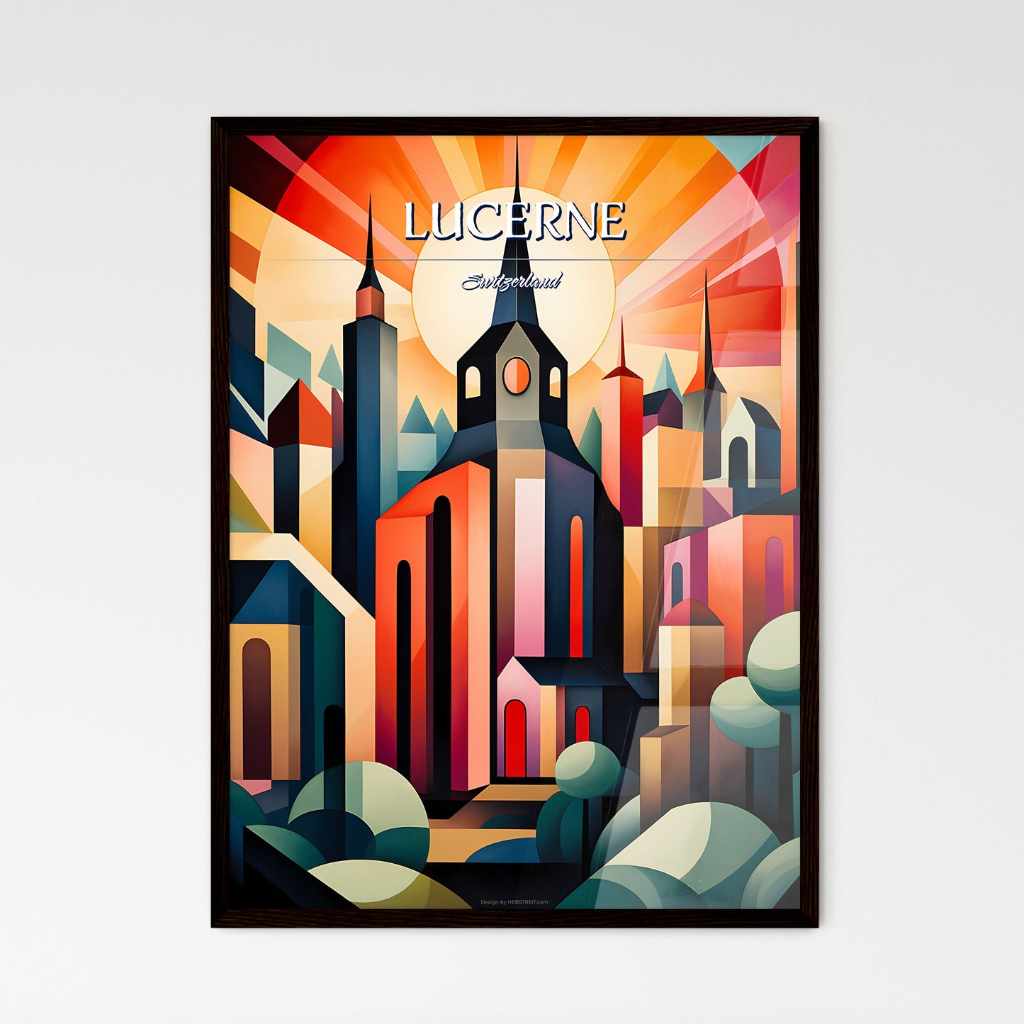 Lucerne, Switzerland - Art print of a painting of a church and buildings Framed Art