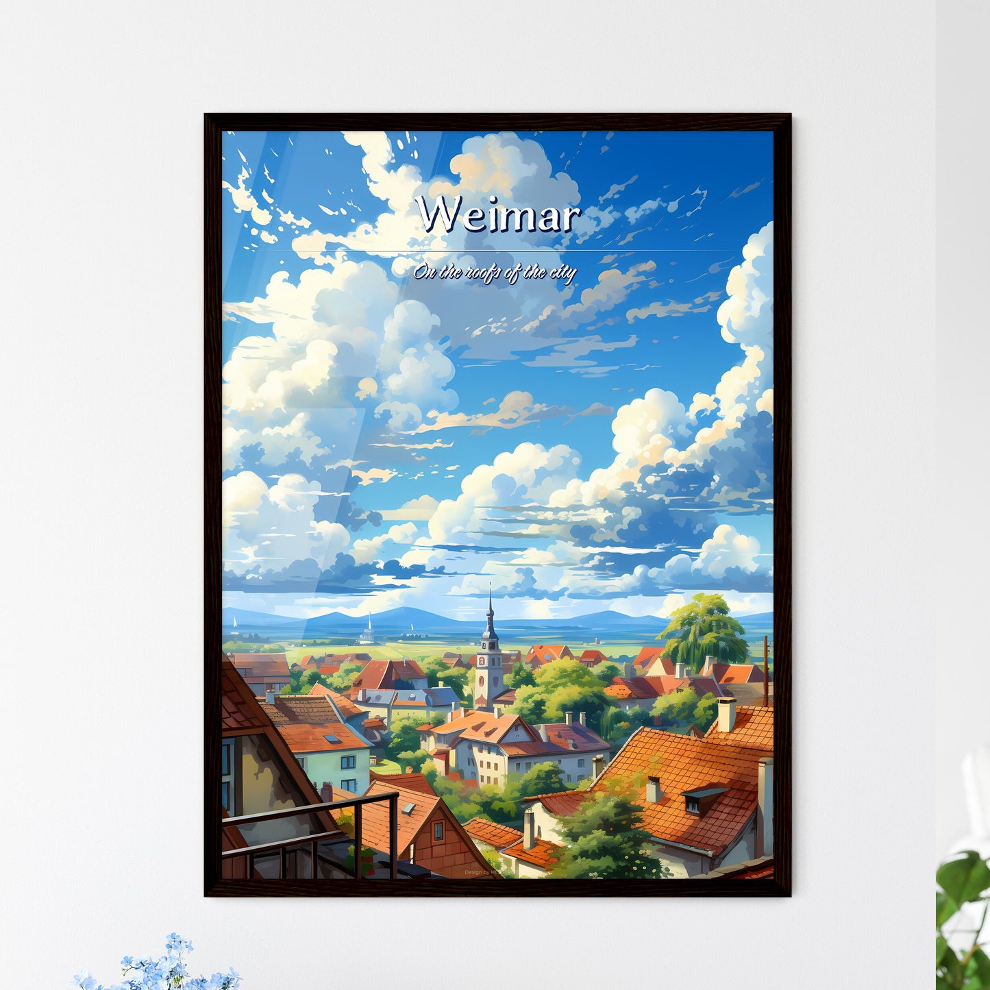 On the roofs of Weimar - Art print of a city with red roofs and trees and clouds in the sky Framed Art