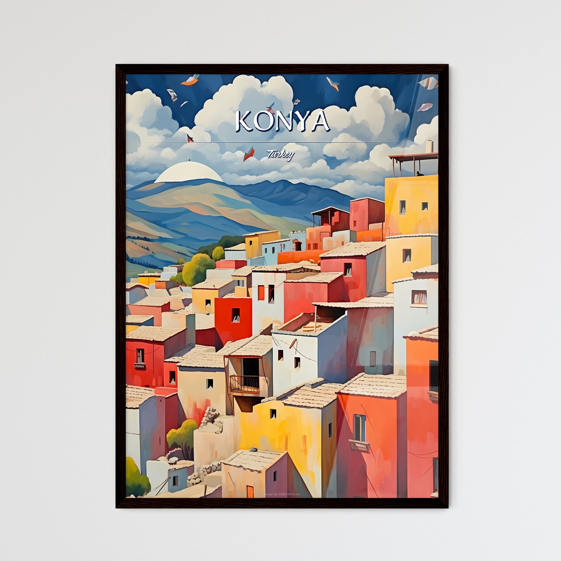 Konya, Turkey - Art print of a painting of a colorful village Framed Art