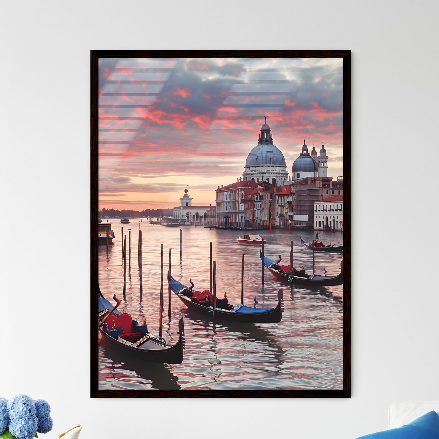 Venice Italy poster with text VENICE in cinzel font - Art print of gondolas in a canal with buildings in the background Framed Art