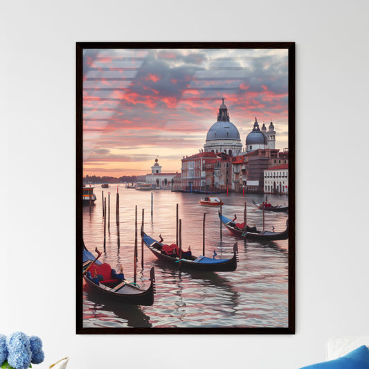 Venice Italy poster with text VENICE in cinzel font - Art print of gondolas in a canal with buildings in the background Framed Art