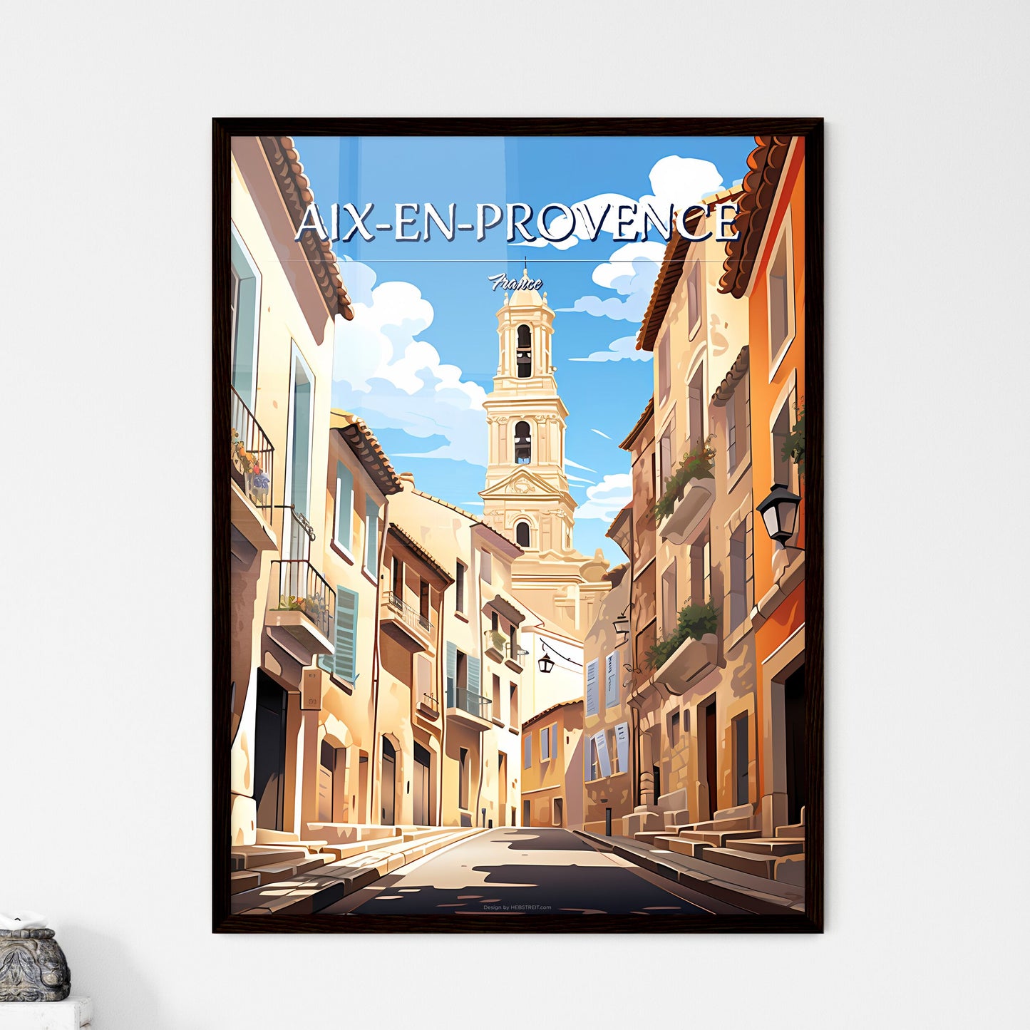 Aix-en-Provence, France - Art print of a street with a tower in the background Framed Art