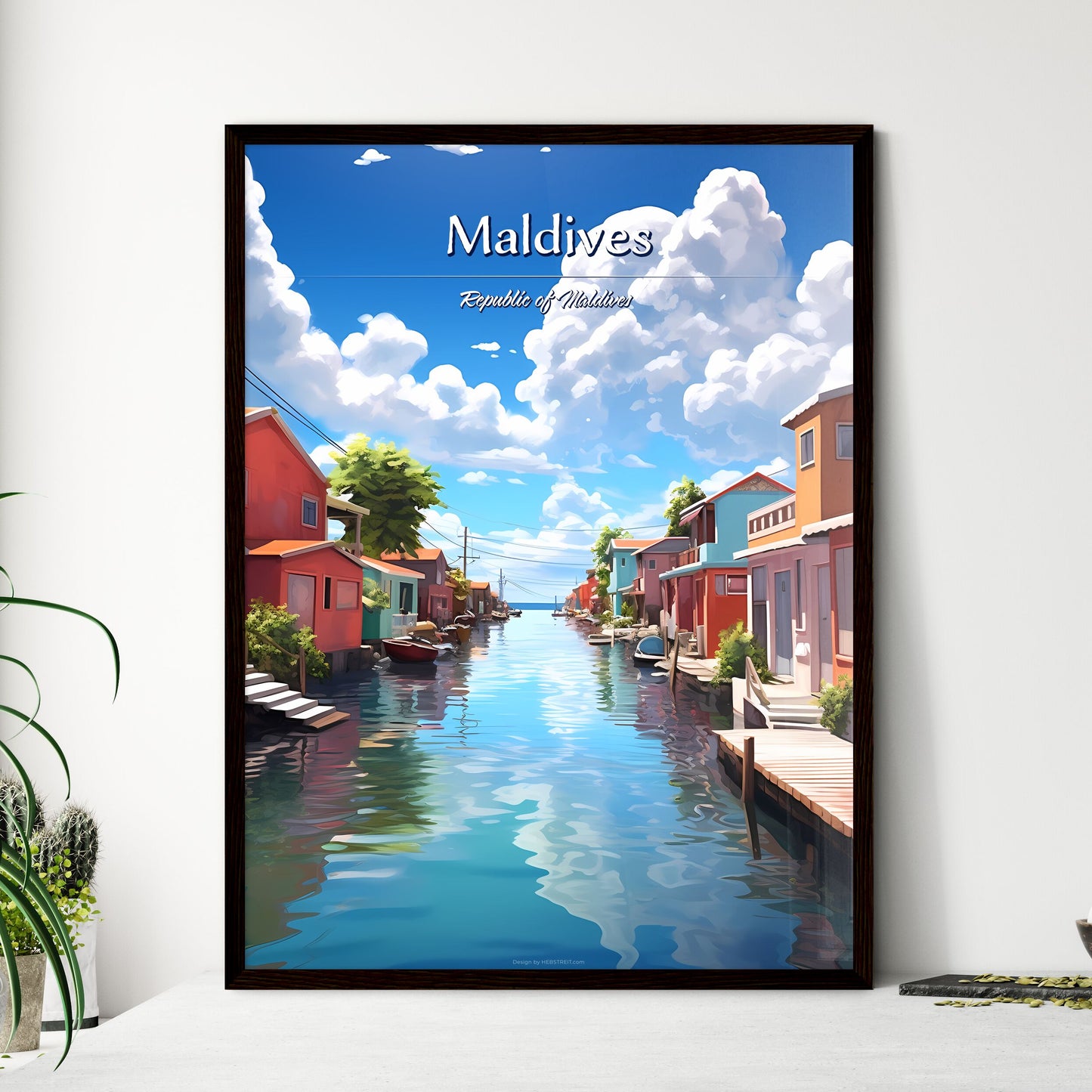 Maldives, Republic of Maldives - Art print of a water way with houses and trees Framed Art