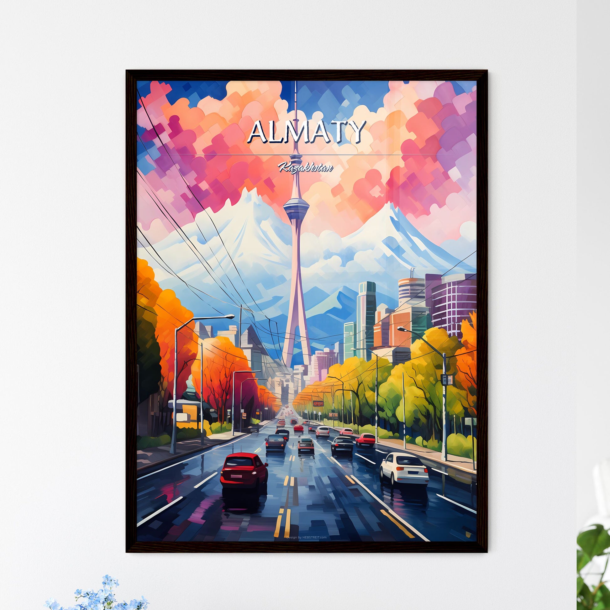 Almaty, Kazakhstan - Art print of a road with cars and trees in front of a tall tower Framed Art