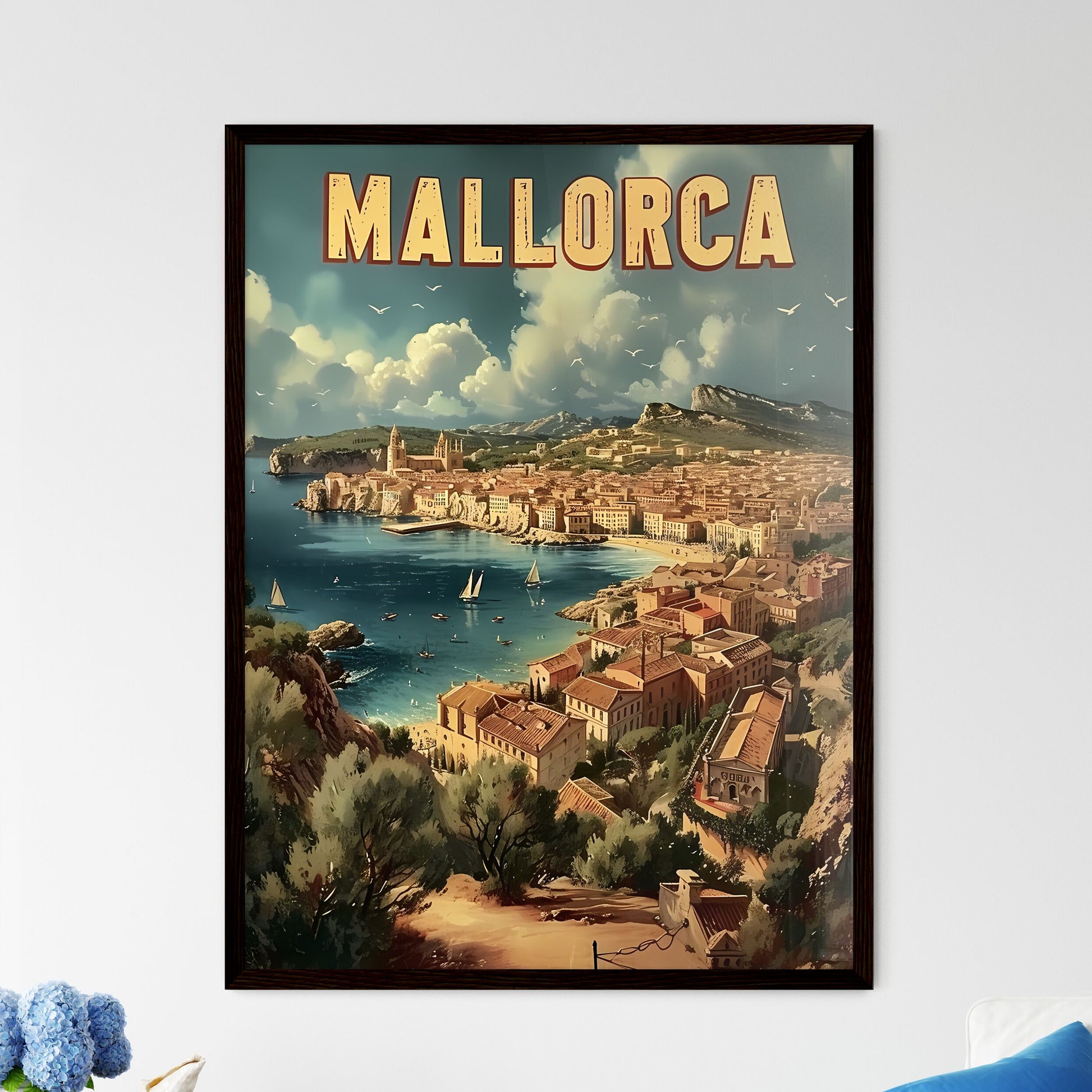 Mallorca spain poster with text MALLORCA in a beautiful matching font - Art print of a poster of a town on the water Framed Art