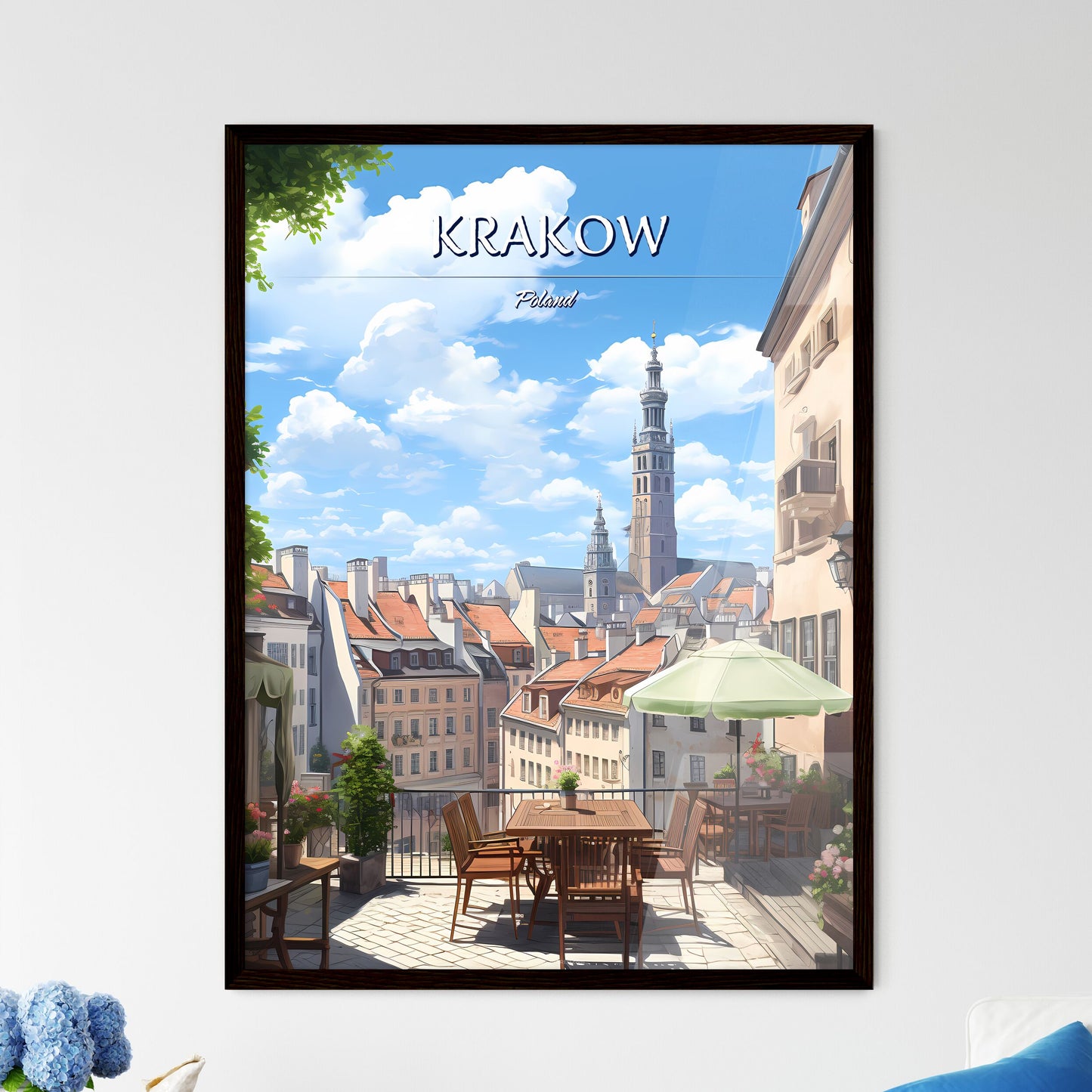 Krakow, Poland - Art print of a patio with a table and chairs and a large tower in the background Framed Art