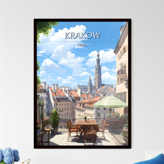 Krakow, Poland - Art print of a patio with a table and chairs and a large tower in the background Framed Art