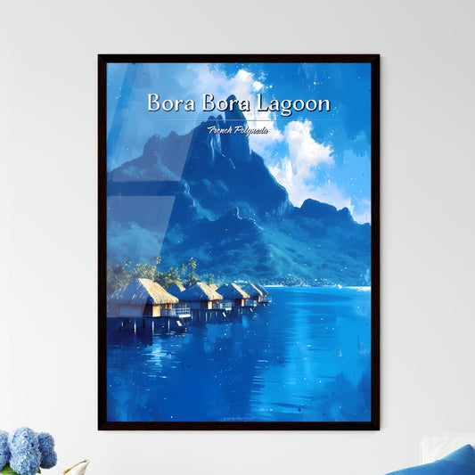 Bora Bora Lagoon, French Polynesia - Art print of a group of huts on water with a mountain in the background Framed Art